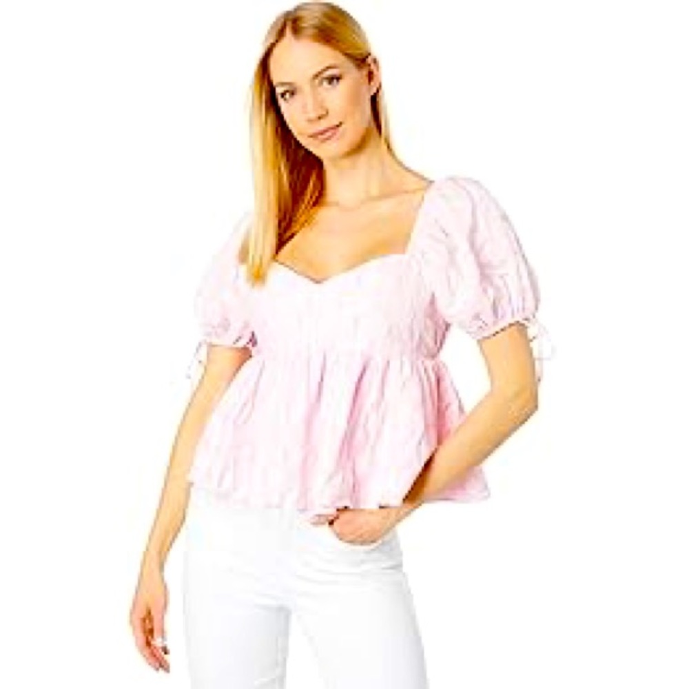 english factory pink textured sweetheart top with puff sleeves